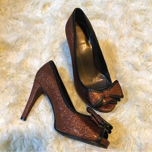 Rose Petals Copper Bling glitter Bow Heels with leather Trim